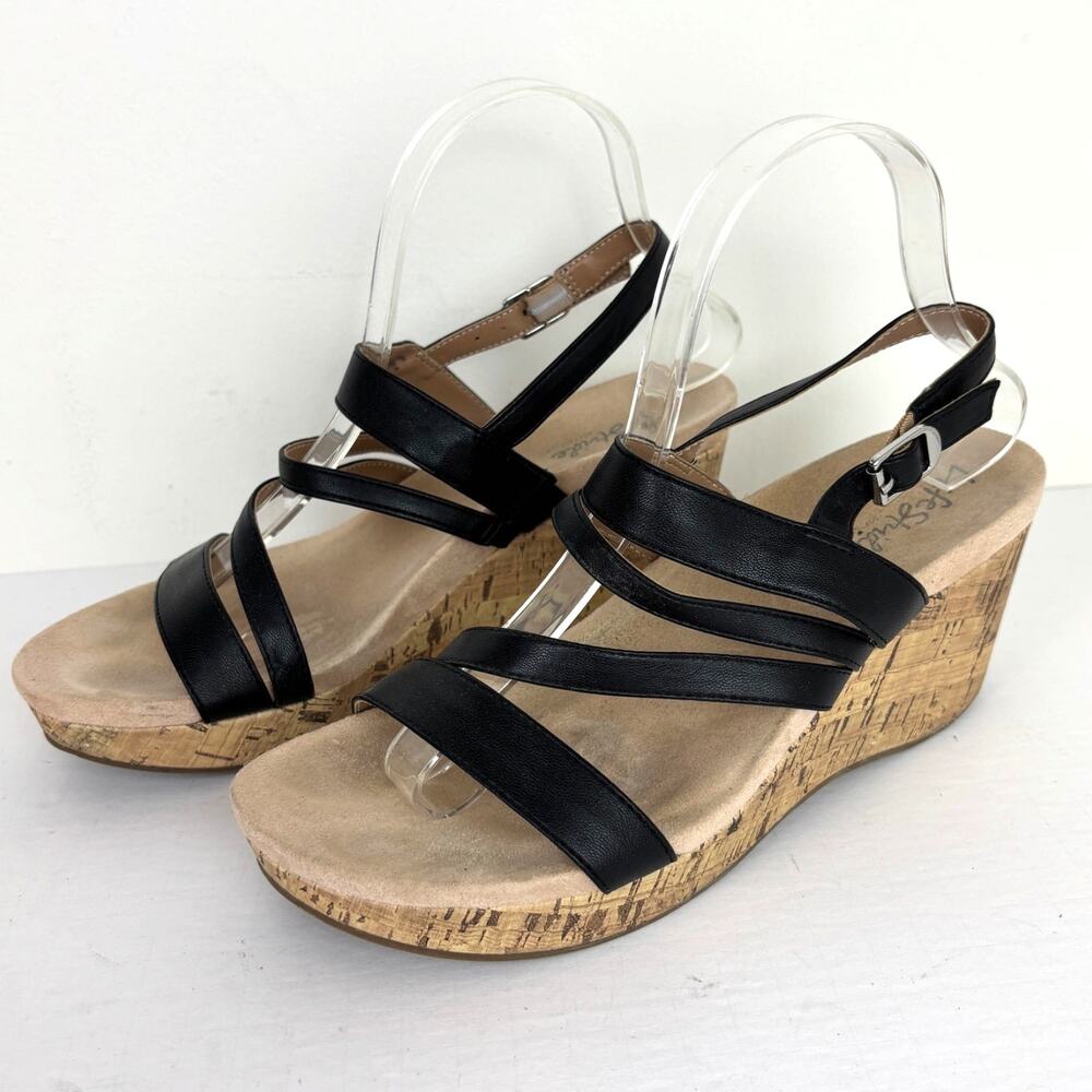 Life Stride Discover Wedge Strappy Sandals Black US 8.5W comfort cork